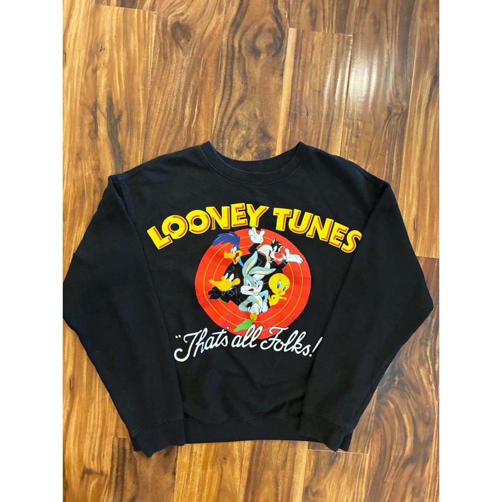 Looney Tunes Thats All Folks Black Graphic Sweatshirt Bugs Bunny Daffy Duck M